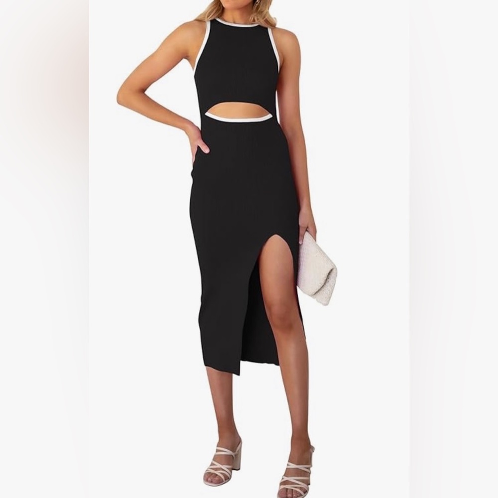 Woman’s Cutout Crew Neck Sleeveless Ribbed Bodycon Midi Dress